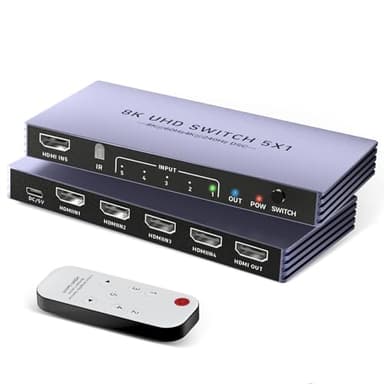 HDMI Splitter 4K 240Hz HDMI Switch 5 in 1 Out - 8K@60Hz hdmi Splitter with Remote 5 Port Switcher Selector Box Support 3D HDR10+ CEC HDR HDCP2.3, for PS5/4 Xbox DVD Nintendo PC Apple TV Fire Stick