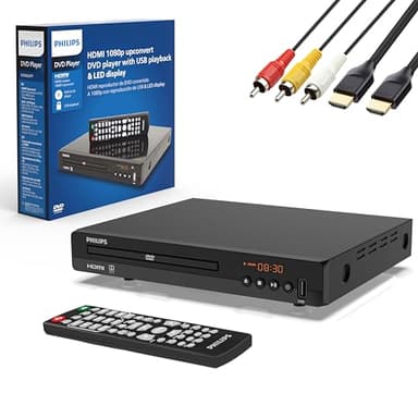 Philips DVD Players for TV with HDMI Port 1080P All Region HD DVD Player for Smart TV USB Input Remote Control Device, Mini DVD CD Player for Home Stereo System, HDMI and RCA Cable Included