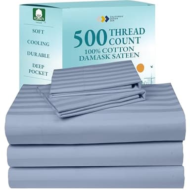 Luxury Split King Sheets Set For Adjustable Bed, 100% Cotton 500 Thread Count Sateen, Snug Fit, Set with Twin-XL Fitted Sheets, Damask Stripe Bedsheets (Split King, Stripe - Light Blue)