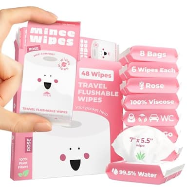 Impossibly Compact Travel Flushable Wipes - 99.5% Water and Aloe - Safe for Sensitive Skin - Travel Essentials for Adults, Kids & Babycare, Rose, 8 Pack 48 Wipes