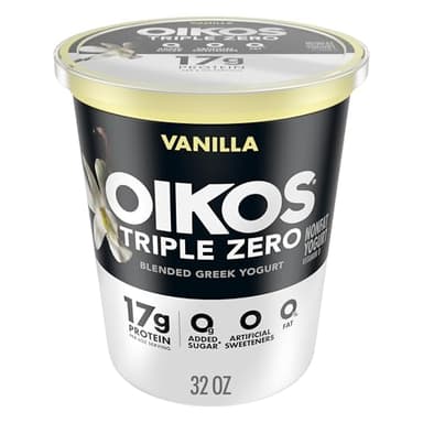 Oikos Triple Zero Vanilla Nonfat Greek Yogurt Tub, 0% Fat, 0g Added Sugar and 0 Artificial Sweeteners, Just Delicious High Protein Yogurt, 32 OZ