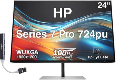 HP Series 7 Pro 724pu 24" WUXGA IPS Monitor with 5ms Response Time, Anti-Glare, Flicker Free, VESA Mount (100mm), Displayport, HDMI & Dockztorm USB Port Expander, Black/Silver (8Y2F7AA#ABA)