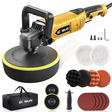 GEVEELIFE Buffer Polisher, 6 Inch/7 Inch 1600W Rotary Car Buffer Polisher Waxer, 7 Variable Speed 1000-3500 RPM, Detachable Handle for Car, Boat Sanding, Polishing, Waxing(Yellow)