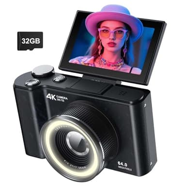 W & O Digital Camera for Teens,Y2K CCD Kids Digital Camera with 32G SD Card,180° Flip Screen Camera for Photography Vlogging with Fill Light, Point and Shoot Digital Cameras for Beginner(Black)