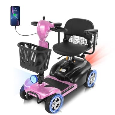 20 Miles 4 Wheels Mobility Scooter for Seniors/Adults Up to 300LBS,350W Electric Wheelchair Detachable Lithium Battery,Dual Baskets,Rotating Seat,with Taillight, USB Charging, Pink 18AH
