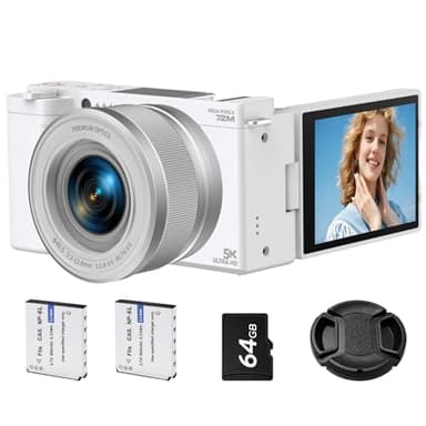 CAMWORLD 5K Digital Camera for Photography, 72MP Autofocus Vlogging Camera with 6X Optical Zoom, 2.8" 180° Flip Screen Video Camera for YouTube with Anti-Shake, 64GB SD Card, 2 Batteries