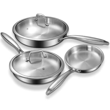 Tri-Ply Stainless Steel Frying Pans Set with Lid, EWFEN 8”/10”/12” Cooking pans, PFOA&PTFE Free Skillet, Induction Cooking Pan, Dishwasher and Oven Safe, Fast & Even Heat, Suitable for All Stove