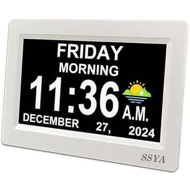 SSYA Digital Calendar Alarm Clock - Dementia Clocks for Seniors, Non-Abbreviated Memory Loss Clock with Date and Time for Elderly (White)