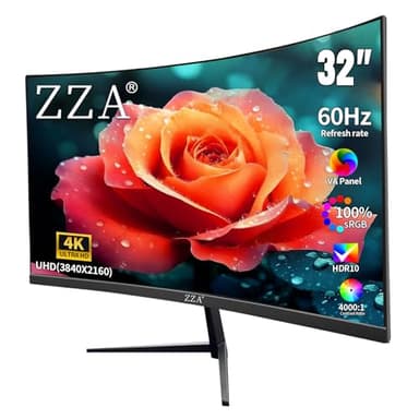 ZZA 32 Inch 4K 1500R Computer Monitor, UHD (3840 x 2160) 60Hz Ultra-Clear Screen, 100% sRGB,Eye Care Screen with HDMI, DisplayPort for Home and Office, VESA(100x100mm)
