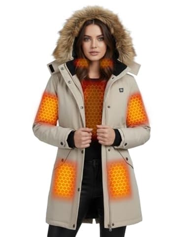 HEARTOVA Women Heated Long Jacket Rechargeable 18400 mAh Battery Pack, Electric Warming Waterproof Winter Coat Detachable Hood Graphene, Khaki, L, Gift for Mom Grandma Sister Girlfriend Wife Birthday