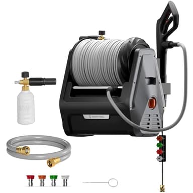 Giraffe Tools Grandfalls Retractable Wall Mount Pressure Washer Plus, Electric Power Washer with 100ft Pressure Hose, Max 2900PSI 2.2 GPM, Automatic Rewind, Any Length Lock, Dark Silver
