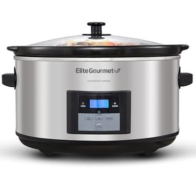 Elite Gourmet MST-900D 8.5Qt Digital Programmable XL Jumbo Slow Cooker, Adjustable Temp, Entrees, Sauces, Stews & Dips, Dishwasher Safe Glass Lid & Crock, Stainless Steel