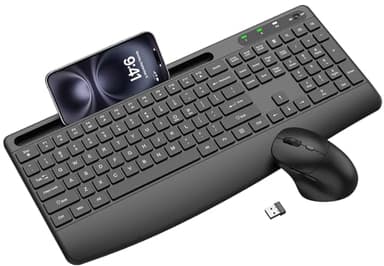 Ergonomic Wireless Keyboard and Mouse Combo, Full-Size Silent Keyboard with Wrist Rest & Phone Holder, 3 DPI Adjustable Mouse, 2.4G Lag-Free Cordless, Long Battery Life for PC Laptop Mac Windows