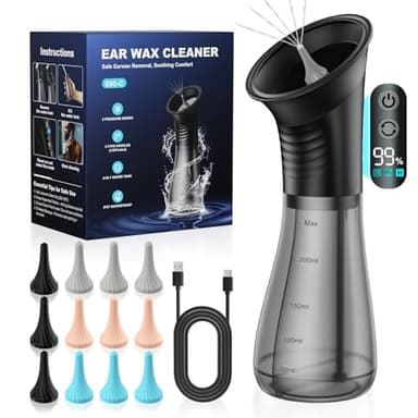 Ear Wax Removal with One-Piece Waste Tank, Powered Ear Wax Remover, IPX7, 5000mAh, 12 Tips, 3 Pressure Modes, Safe & Effective Ear Cleaning Electric Water Irrigation System at Home