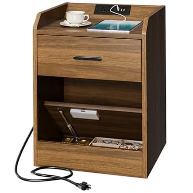Lazzanto Nightstand with Hidden Drawer & Charging Station, Modern Bedside Table with Storage Drawer and Hidden Compartment, for Bedroom, AC Outlets, USB-A & USB-C Ports, Walnut