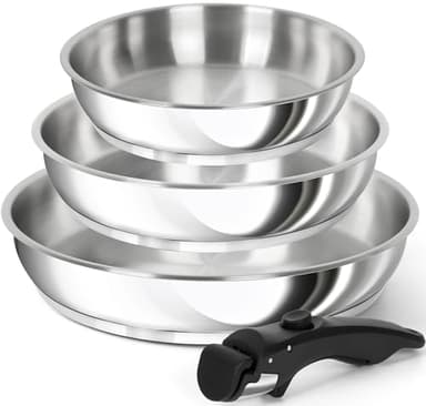 MICHELANGELO Stainless Steel Frying Pan Set, Cooking Pans with Removable Handle, Triply Base Stainless Steel Pan Set, Induction Compatible Skillet- 8" & 9.5" & 11"