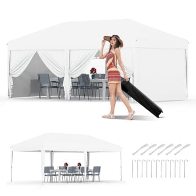 10X20 Pop Up Canopy Tent with 6 Sidewalls – Heavy Duty Commercial Instant Shelter, One-Person Quick Setup Outdoor Party Tent, Water-Resistant & Portable, White