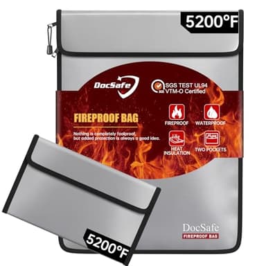 DocSafe Fireproof Document Bag (5200℉) with Fireproof Organizer Travel Case,Heat Insulated Fire＆Water Resistant 8 Layers Safe Money Bag Storage for Important Documents,Cash,Power Bank,Valuables,Gray