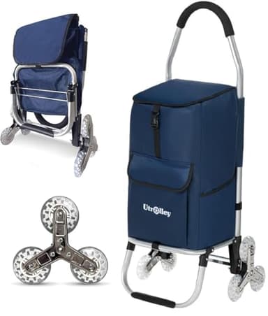 UTROLLEY Aluminum Stair Climber Cart for Groceries & Laundry, 6-Wheel Folding Shopping Cart with Insulated Bag, Ideal for Apartment Living & No-Elevator Buildings