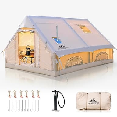 Inflatable Tents for Camping Adult 8-10 Person,129 Sqft Large Inflatable Hot Tent with Stove Jack,Blow up Tents for Camping with Mesh Windows & Pump, Easy Setup 4 Season Glamping Tent Waterproof