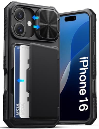 ATATOO for iPhone 16 Case with Card Holder (Store 3-5 Cards) [RFID Blocking] & Slide Camera Cover, Military Grade Protection, Rugged Silicone Wallet Case for iPhone 16 6.1" 2024, Black