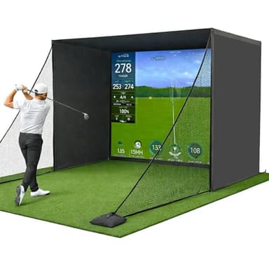 Golf Simulator Enclosure for Home 10x8 ft Cage with HD Impact Sim Screen Two Shank Nets and Corner Foam Padding for Practice at Indoor Garage