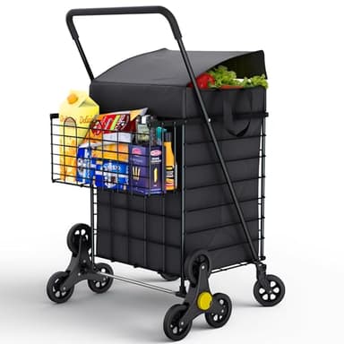Our Modern Space Stairs Climbing Shopping Cart w/Waterproof Basket Liner & 360° Swivel Wheels | Foldable Collapsible & Lightweight | Perfect for Groceries Laundry Utility Cart - Black