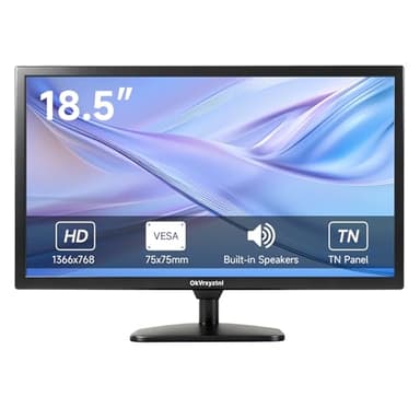 OkVrxyztnl 18.5 inch HD (1366 x 768) CCTV Monitor, 16:9 with BNC/VGA/HDMI/Built-in Speaker 60Hz Refresh Rate, Small Monitor for laptops, Computers and desktops,LED Display,VESA 75x75MM