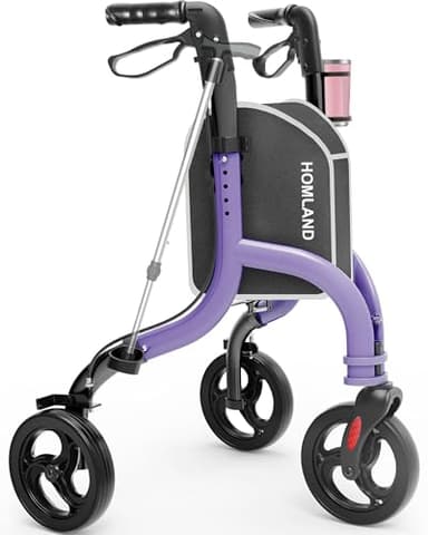 HOMLAND 3 Wheel Walkers for Seniors, Foldable Wheeled Rollator with Cane Hold and Cup Hold, Lightweight Three Wheel Rolling Walker Height Adjustable for Seniors