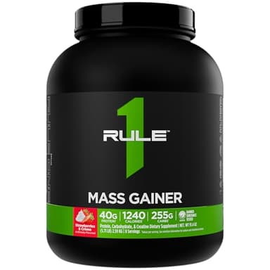 Rule 1 Proteins Mass Gainer - High-Calorie Weight Gain Formula with 1,220+ Calories, 250g+ Complex Carb Blend, 40g All-Whey Protein Per Serving (8 Servings, Strawberries & Crème)