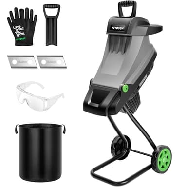VIVOSUN 15-Amp Electric Wood Chipper Shredder with 1.77" Hopper & 50L Collection Bag, Includes Plunger, Extra Carbon Blades, Safety Goggles & Gloves for Yard Waste, Branches, and Leaves (Grey)