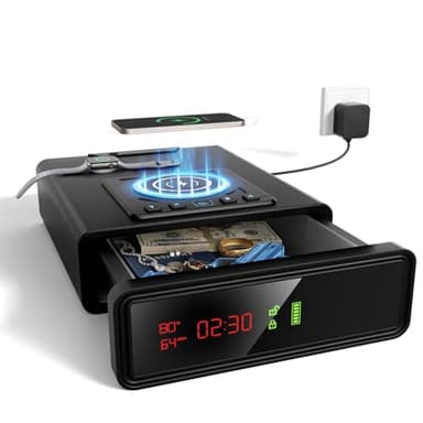 XDeer Biometric Gun Safe for Handgun with Wireless Charging, Quick Access Fingerprint Gun Safes, Bedside Pistol Case, 7/24 Digital Alarm Clock Small safe 1PCS