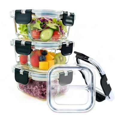 Nafhone Bariatric Meal Prep Containers, 8 oz Bariatric Portion Control Food Storage Containers with Two 4 oz Compartments (3 Pack), Reusable Glass Snack Containers with BPA Free Airtight Lids