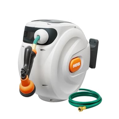 Retractable Garden Hose Reel,1/2 Inch x 100ft Wall Mounted Hose Wall,180° Swivel Bracket,With Built-in Nozzle,Slow Retraction Any Length Lock.