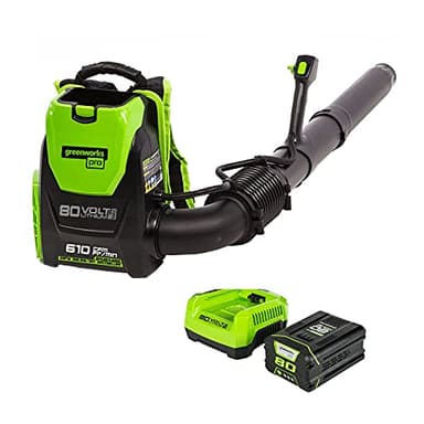 Greenworks 80V (180 MPH / 610 CFM / 75+ Compatible Tools) Cordless Brushless Backpack Blower, 2.5Ah Battery and Rapid Charger Included, Green/Black
