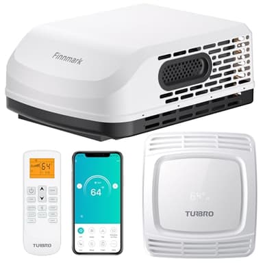 TURBRO RV Air Conditioner, 15,000 BTU Cooling with 1,500W Electric Heating, Non-ducted Rooftop Unit with Lift Handles, Ceiling Assembly with Atmosphere Lamp, 115V AC, Remote and WiFi-Controlled, White