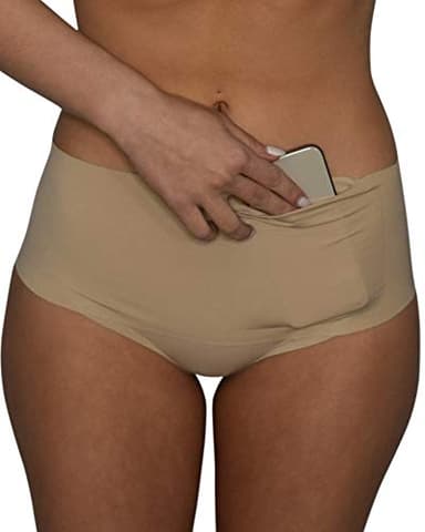 Vockets - Women's Hidden Pocket Underwear - Seamless Brief - (Nude) (Ex- small) - Holds Cell Phones Credit Cards, ID, Insulin Monitors