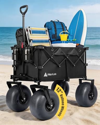 Hikenture Beach Wagon with 12" Balloon Wheels, Upgraded PU Tires Collapsible Wagon, 500lbs Heavy Duty Beach Cart for Sand, Large Capacity Foldable Utility Wagon for Family Outings