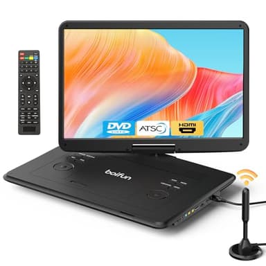 Boifun Portable DVD Player with ATSC TV & FM Radio, 15.6" HD Swivel Screen, Built-in Rechargeable Battery, HDMI Input for TV Stick, USB/TF Card Playback, Plays DVDs CDs VCDs, Car & Home Adapters,Black