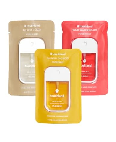 Touchland Hydrating Hand Sanitizer Spray, TROPICAL Trio Set (Mango Passion, Beach Coco, Watermelon), 1 FL. OZ. Travel Size Power Mist Sprays (Set of 3)