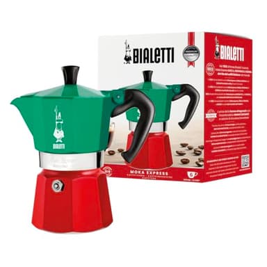 Bialetti - Moka Express Italia Collection: Iconic Stovetop Espresso Maker, Makes Real Italian Coffee, Moka Pot 6 Cups (9 Oz - 270 Ml), Aluminium, Colored in Red Green Silver