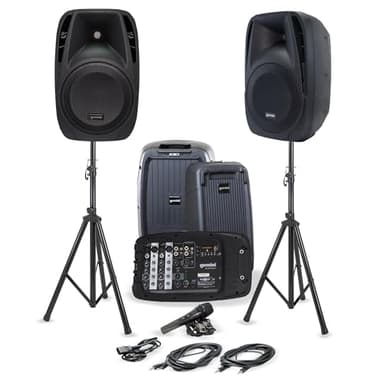 Gemini Portable PA System Bundle with Stands – 6-Channel Powered Mixer, Dual 10" Speakers, Wired Mic & Cables – Bluetooth Music Streaming for DJs, Karaoke & Small Events (ES-210MXBLU-ST)