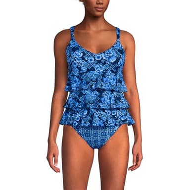 Lands' End Women's Plus Size Ruffle Fauxkini One Piece Swimsuit 18W Navy Mosaic Floral/Tile Mix