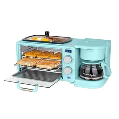 Nostalgia 3-in-1 Retro Breakfast Station - Includes 5 Cup Coffee Maker, Non-Stick Ceramic Griddle, and 4-Slice Toaster Oven - Built-In Timer, Reusable Coffee Filter, Space-Saving Design - Aqua