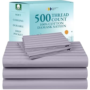 Luxury Split King Adjustable Bedsheets, Soft 100% Cotton, 500 Thread Count Sateen, Snug Fit, Set With Twin-XL Fitted Sheets, Sheets For Bed In Damask Stripe (Split King, Stripe - Lavender)