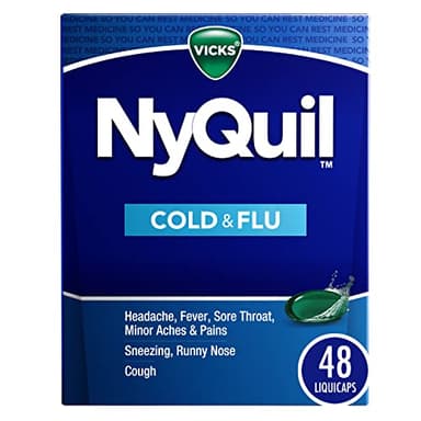 Vicks NyQuil Cold & Flu Relief Over-the-Counter Medicine, Powerful Multi-Symptom Nighttime Relief for Headache, Fever, Sore Throat, Aches, Sneezing, Runny Nose & Cough, 48 LiquiCaps