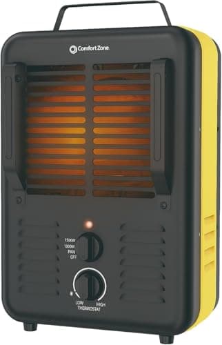 Comfort Zone 1500W Milkhouse Style Electric Utility Heater – Portable Workshop & Garage Space Heater with Adjustable Thermostat, 2 Heat Settings & Fan – All-Metal Heavy-Duty Design – Yellow/Black