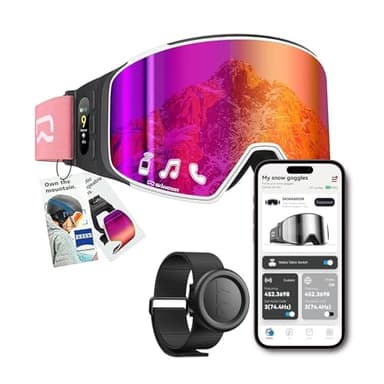 Multifunctional Smart Bluetooth Ski Goggles with Walkie-Talkie, Replaceable Anti-Fog Zeiss Lens, Music & Call, Real-Time AMOLED Display, Compatible with Most Helmets (G03 Pink, Single-Button Remote)