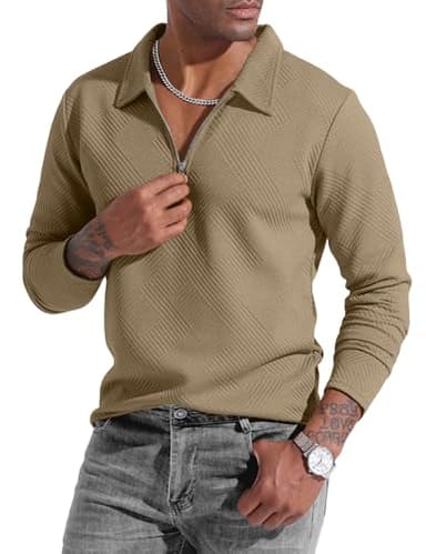 UOUA Men's Polo Shirt Quarter Zip Tops Soild Casual Geometric Texture Long Sleeve Sweaters Pullover Golf Sweatshirts Khaki L