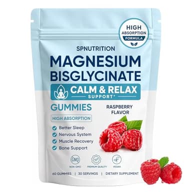 Spnutrition Magnesium Bisglycinate Gummies, 400mg Magnesium Bisglycinate Chelate with Sea Salt & Raspberry Powder, Supports Sleep, Nerve & Muscle Relaxation, Bone Health Support, Vegan, 60 Gummies (1)
